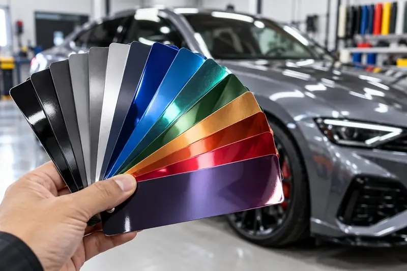 Wrap installer comparing gloss, satin and topographic vinyl samples against a car door