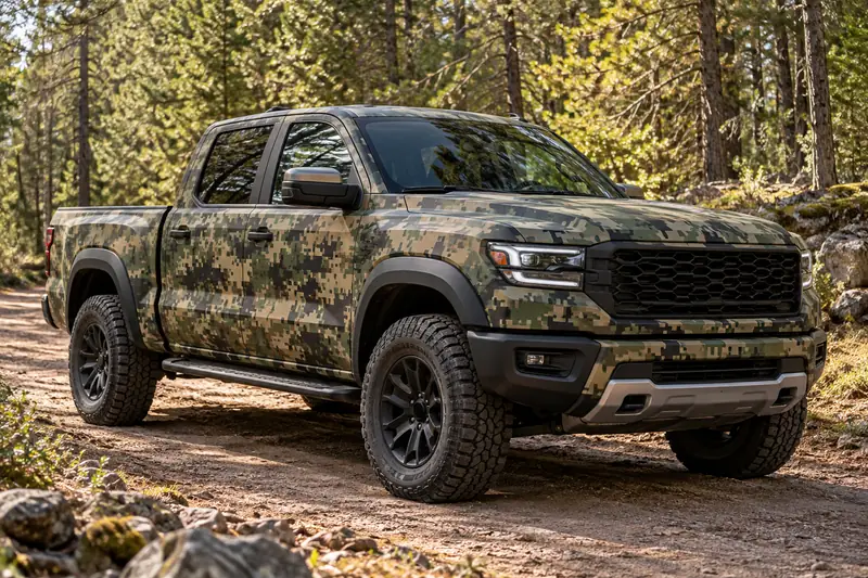 Pickup truck half-wrapped in matte woodland camo vinyl with a grey urban camo panel beside it