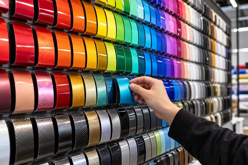 Fan of glossy purple, blue, green, red and white vinyl wrap swatches on a car hood