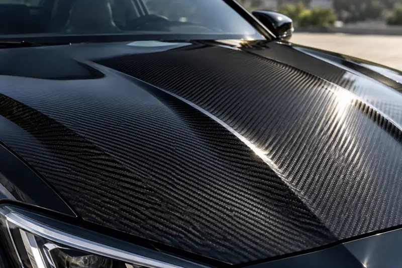 Gloss black twill carbon fiber vinyl wrapped over a car hood under workshop lights