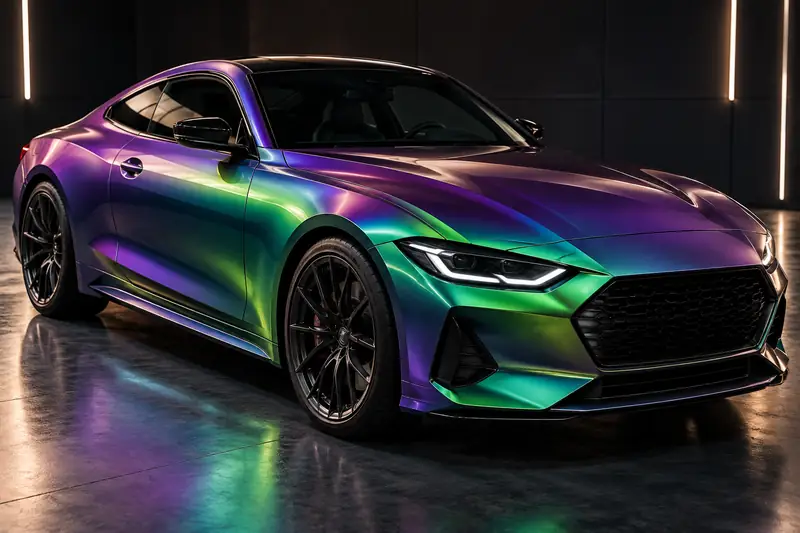 Sports car in purple-to-green chameleon vinyl wrap shifting color across the fender