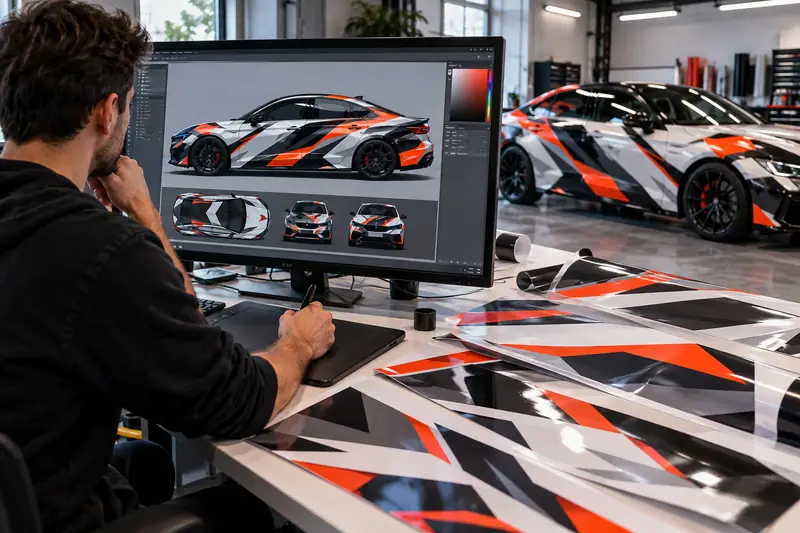 Designer reviewing a printed custom car wrap proof beside a sports car mockup on screen