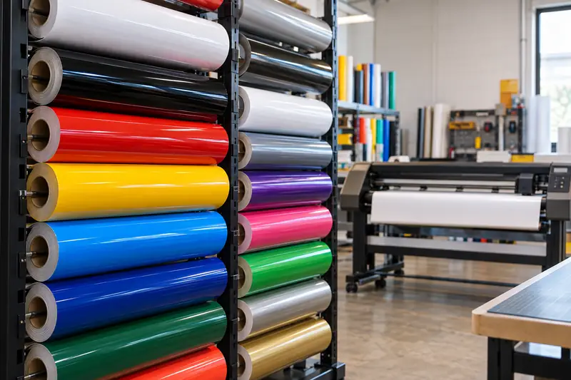 Roll-fed vinyl plotter cutting white lettering from a glossy black adhesive vinyl roll