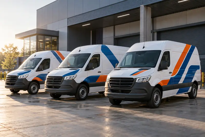 Row of white delivery vans with matching printed fleet graphics and cut vinyl lettering