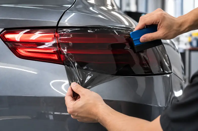 Installer heating smoked tint film over a curved red sedan tail light with a squeegee
