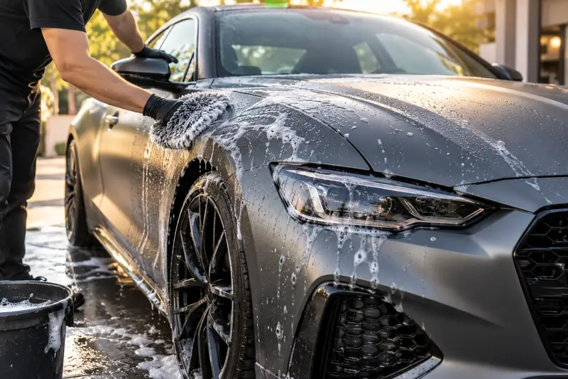 Hand-washing a satin grey vinyl wrapped car with a soft mitt and foam
