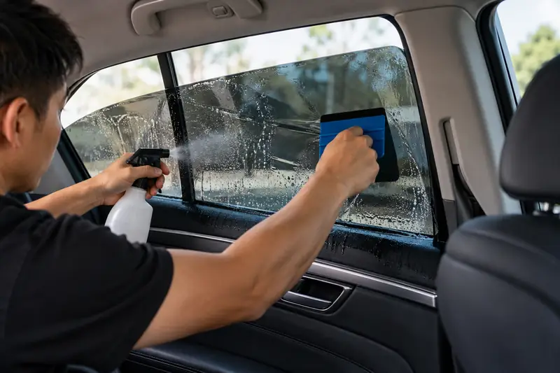 Installer heat-shrinking window tint film on the outside of a car rear windshield