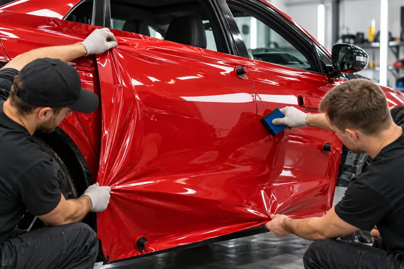 Installer post-heating gloss black vinyl on a car bumper with a heat gun