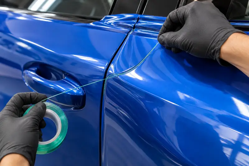 Installer pulling knifeless tape filament through red vinyl along a car door seam