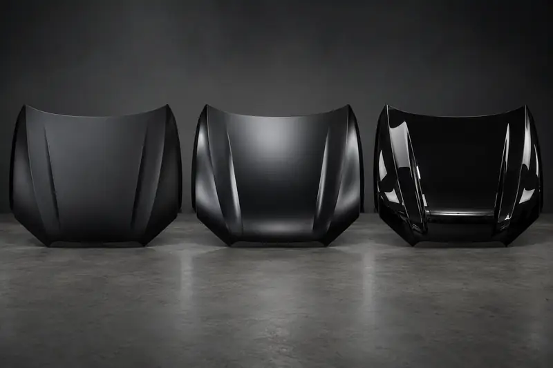 Three black sports cars side by side in gloss, satin and matte black vinyl wrap