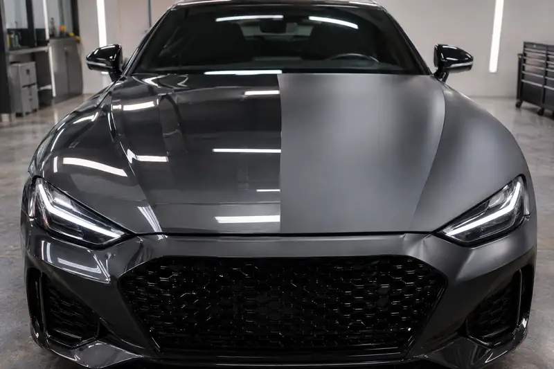 Black car with satin PPF on the hood beside an untreated gloss fender