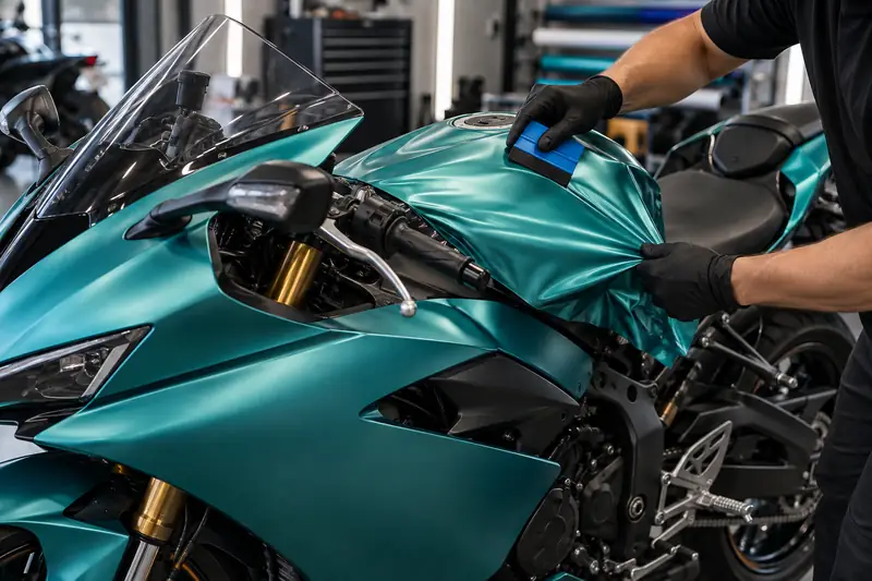 Matte black and red vinyl wrap being applied to a sport motorcycle fairing in a workshop