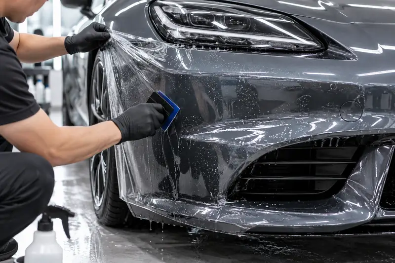 Installer squeegeeing clear paint protection film onto a car hood with slip solution