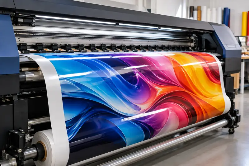 Large format printer printing a colorful vehicle graphic onto white printable vinyl roll