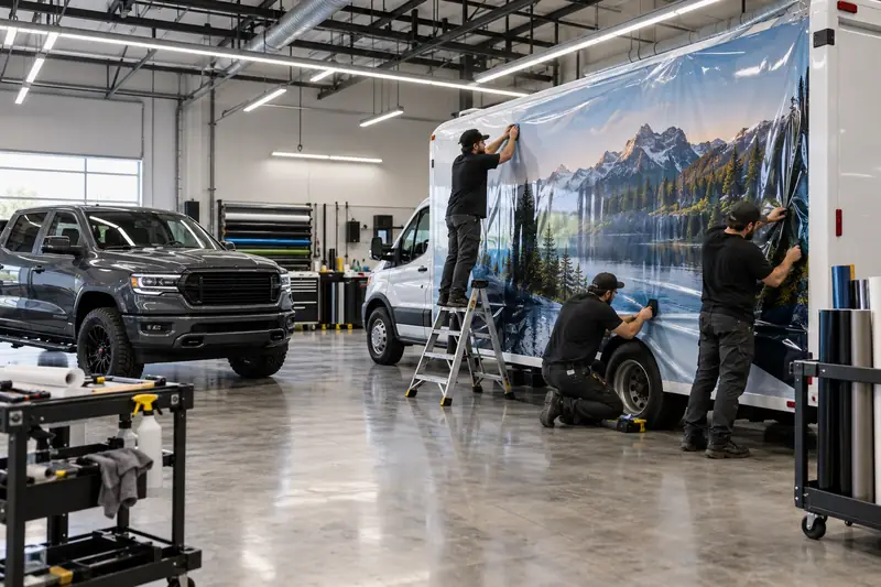 White cargo van half covered in printed blue advertising wrap inside a wrap bay