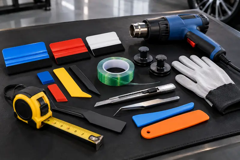Car wrap tool kit laid out with squeegees, snap knife, magnets, tape and heat gun
