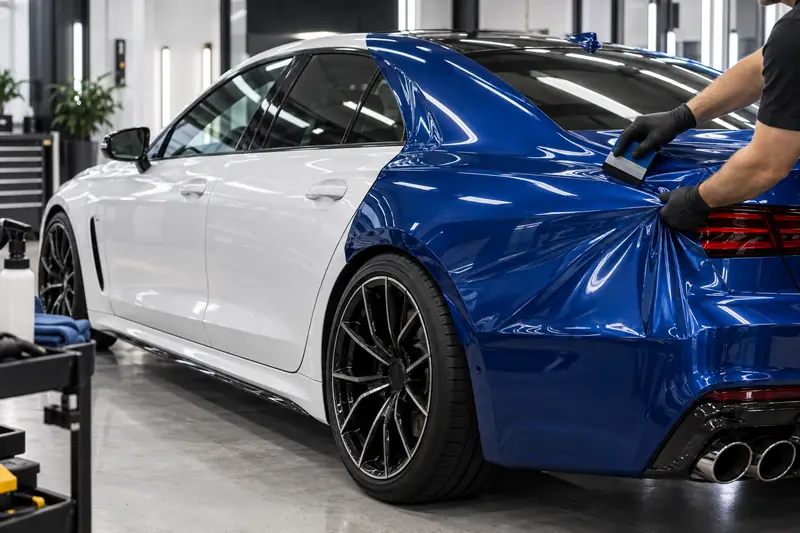 Installer stretching satin blue vinyl wrap film over a car fender with a squeegee
