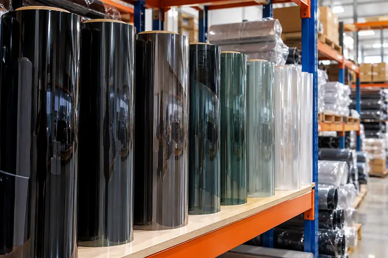 Stacked boxed window tint rolls in several shades beside an opened roll on a cutting table