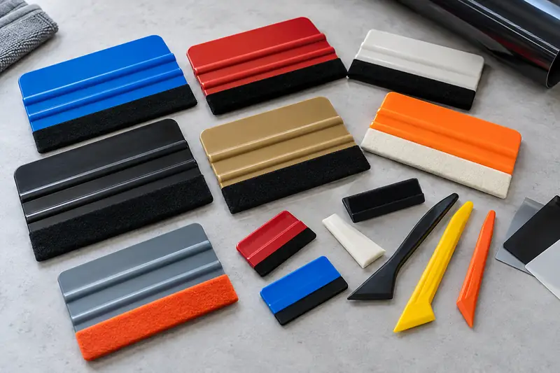 Assorted felt-edge, hard and flexible wrap squeegees laid out beside a vinyl roll