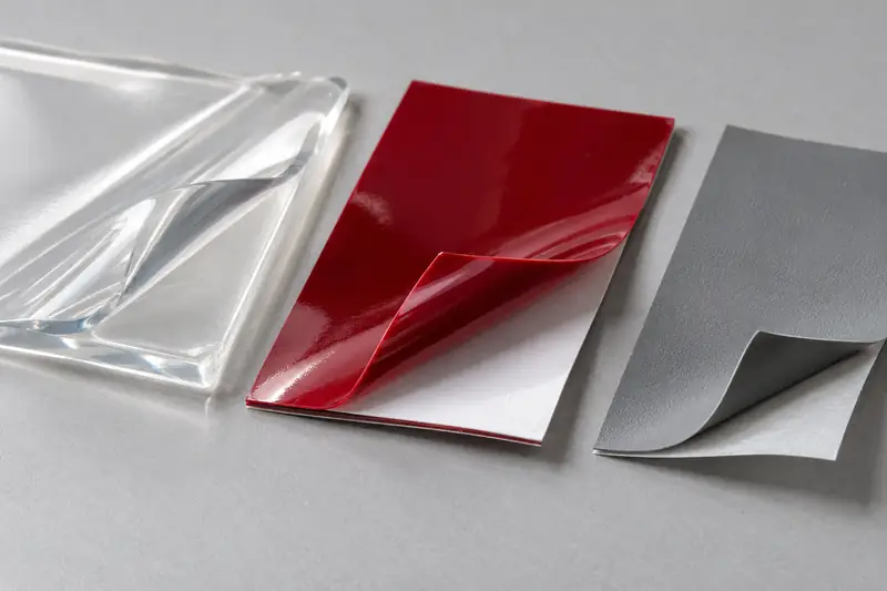 Clear TPU, glossy red PET-lined and matte grey PVC film samples with peeled corners