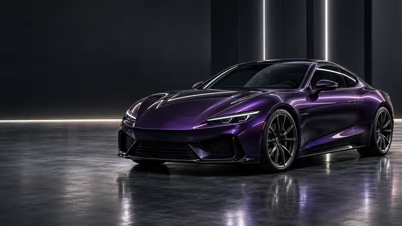 Sports coupe wrapped in midnight purple metallic film in a dark studio