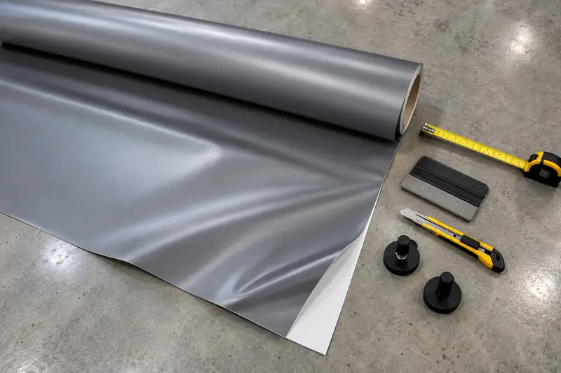 Satin grey vinyl roll partly unrolled on a workbench with tape measure, squeegee and knife