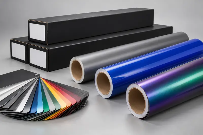 Neutral roll boxes, swatch book and film rolls for private-label packaging