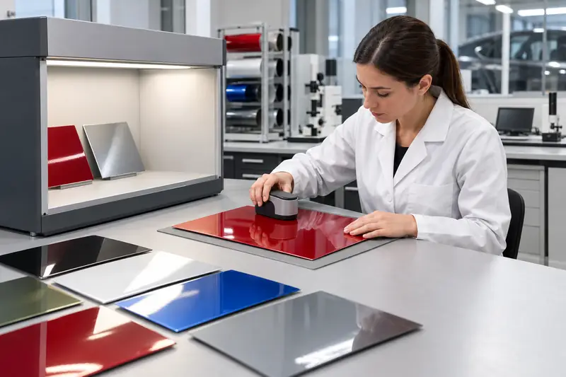 Lab technician measuring gloss and color on film panels