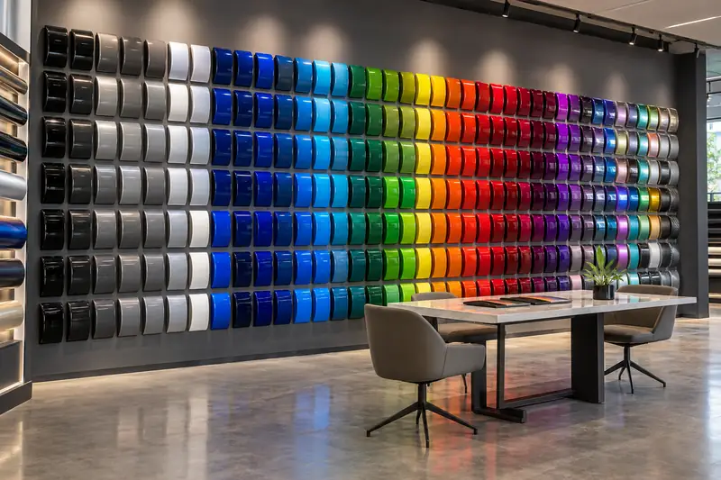 Showroom wall with hundreds of wrap film color samples