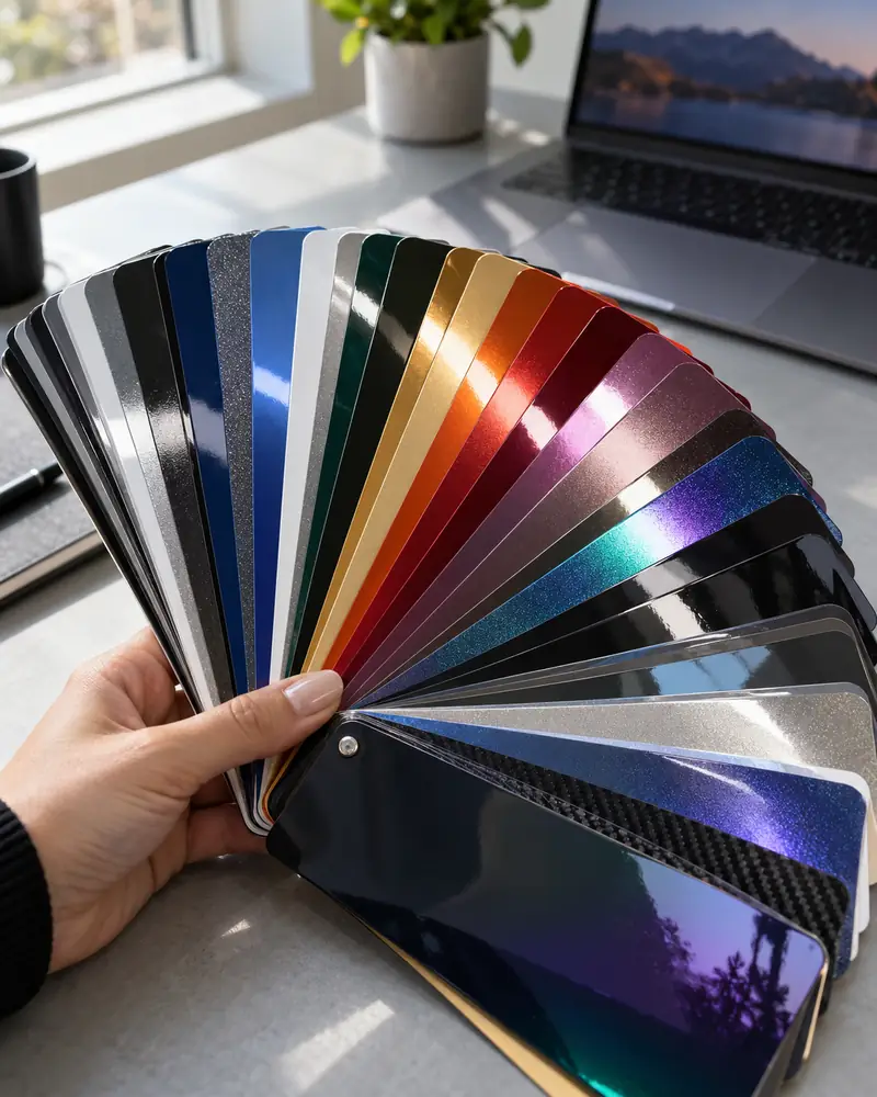 Hand fanning a car wrap color swatch book