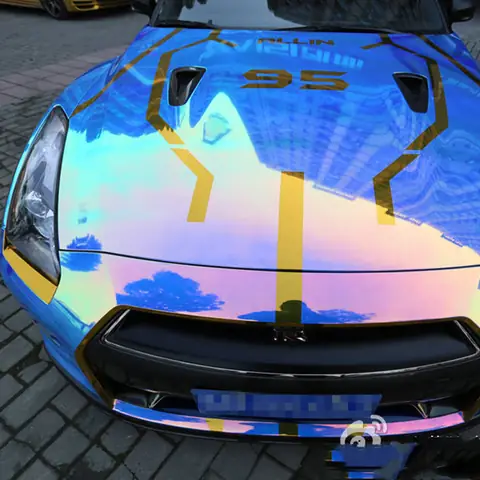 Blue Holographic Rainbow Chrome Vinyl Wrap